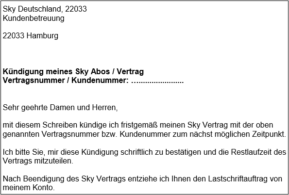Sky Kündigungsschreiben Pdf